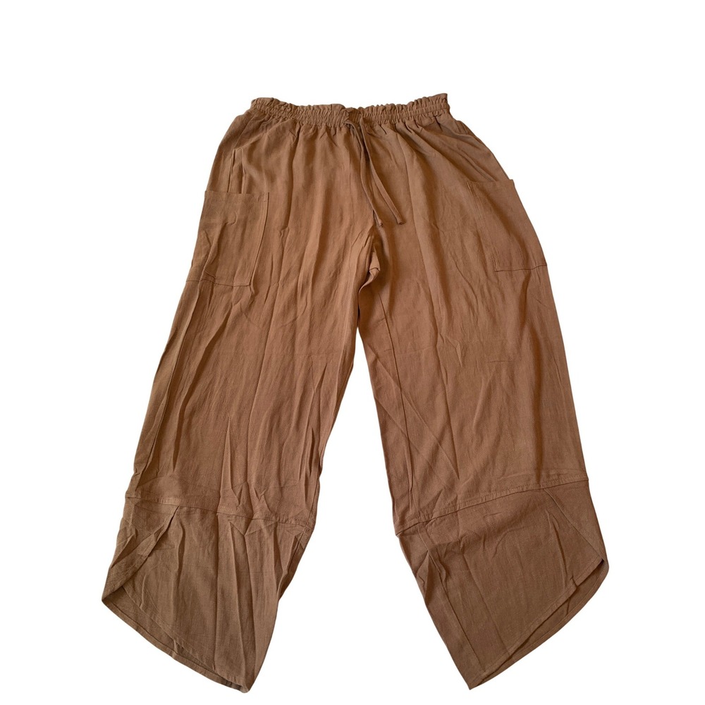 LOMON Brown Linen Blend Wide Leg Paperbag Waist Pants Women L NWT Boho Relaxed